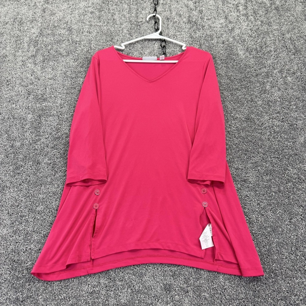 Susan Graver Top Womens M Pink V Neck 3/4 Sleeve Tunic Button Hem Stretch Jersey
